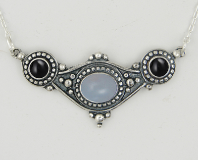 Sterling Silver Necklace With Delicate Blue Lace Agate And Onyx